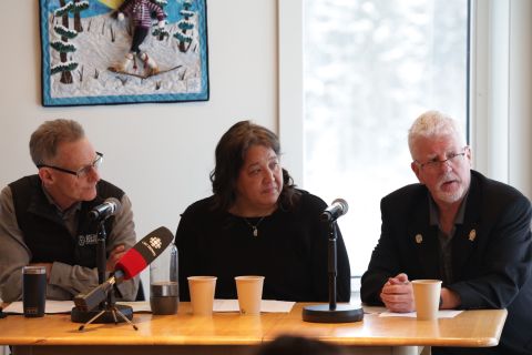 Parliamentary Secretary to the Minister of Northern and Arctic Affairs and Member of Parliament for the Yukon Dr. Brendan Hanley, Minister of Community Services Cory Bellmore and Biathlon Yukon President Bill Curtis pictured responding to media at the opening of the new Biathlon facility in Whitehorse.