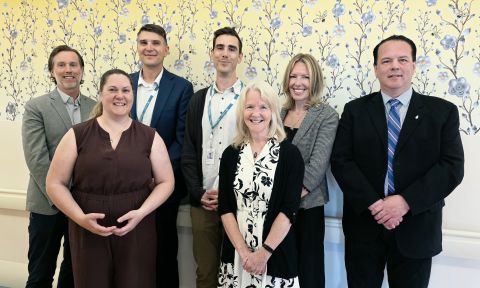 From left to right: Executive director of People, Quality & Strategy for Yukon Hospitals James Low, Executive director of Patient Care, Access & Flow for Yukon Hospitals Stefanie Ralph, Executive director of Corporate Services for Yukon Hospitals Paul Payne, President of Yukon Medical Association Dr. Derek Bryant, Chair of the Board of Trustees for Yukon Hospitals Pamela Hine, Chief Executive Officer for Yukon Hospitals Tiffany Boyd, Minister of Health and Social Services Brad Cathers.